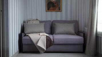 A grey sofa with patterned cushions, a beige throw blanket, and a framed portrait on the wall.