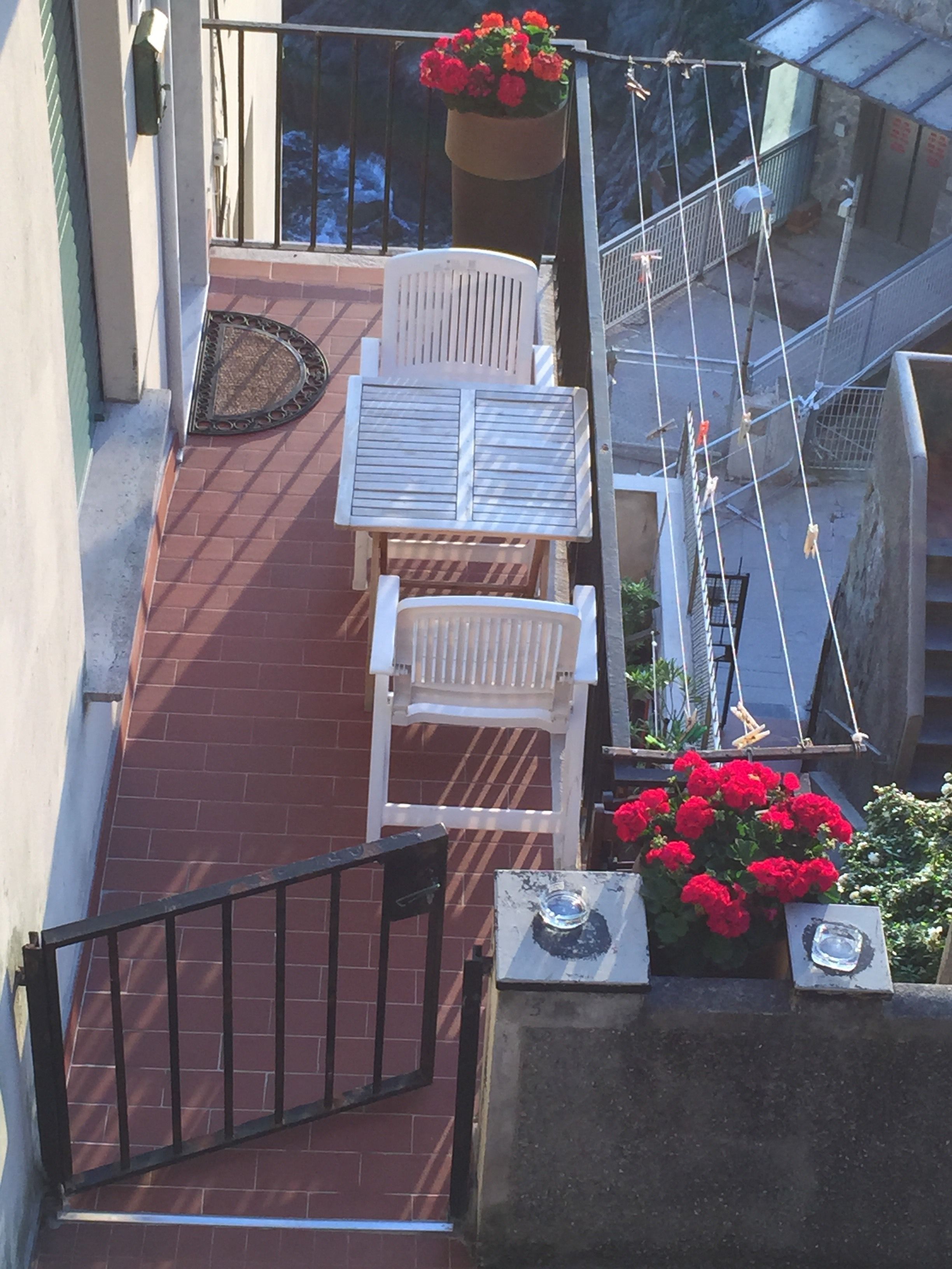 Un balcón con sillas blancas y una mesa, una planta en maceta con flores rojas y una barandilla de metal.