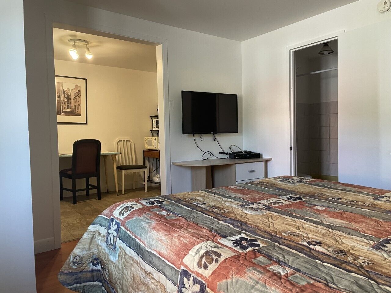 Un dormitorio con cama, escritorio, silla, televisión y puerta que da a un baño.