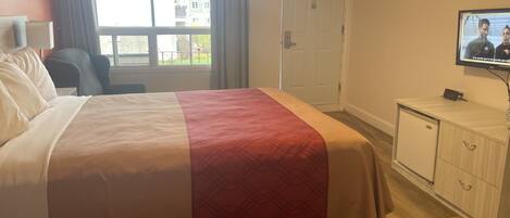 Una habitación de hotel con una cama, televisión, escritorio y armario.