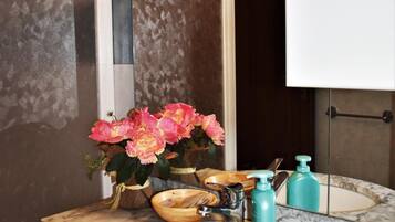 Shower, hair dryer, bidet, towels