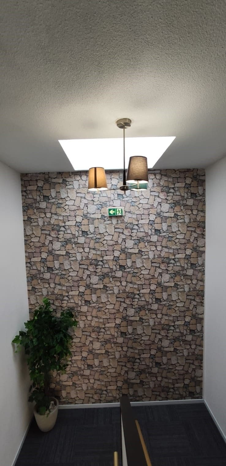 Um corredor com parede de pedra, claraboia e planta em vaso.
