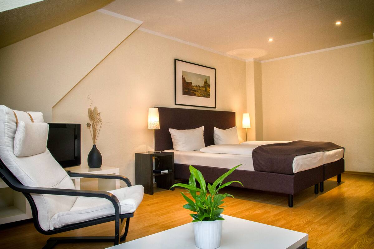 A modern hotel room with a bed, a chair, a TV, and a plant.