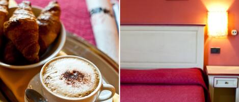 A breakfast setting with croissants and a cup of coffee, and a cozy room with a bed and a nightstand.