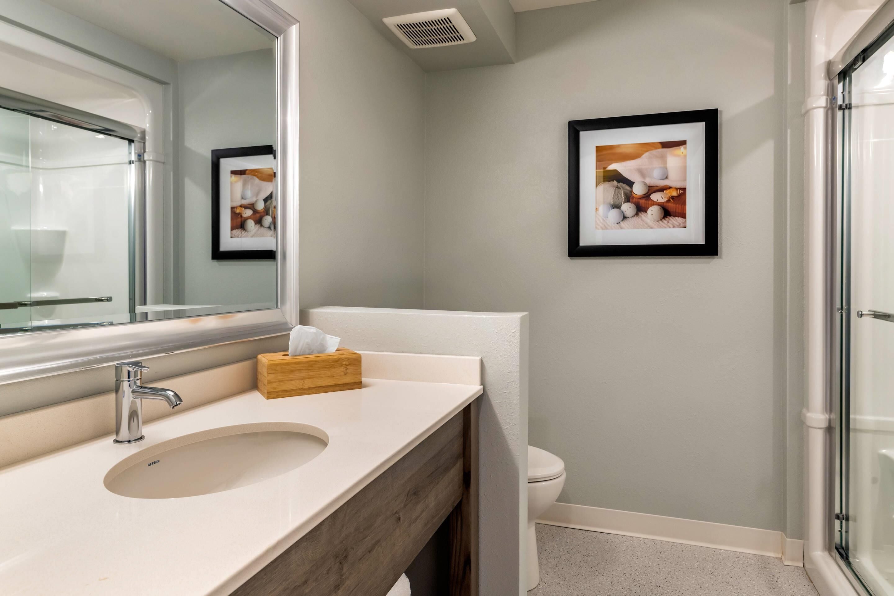 A bathroom with a sink, mirror, framed picture, and a toilet.