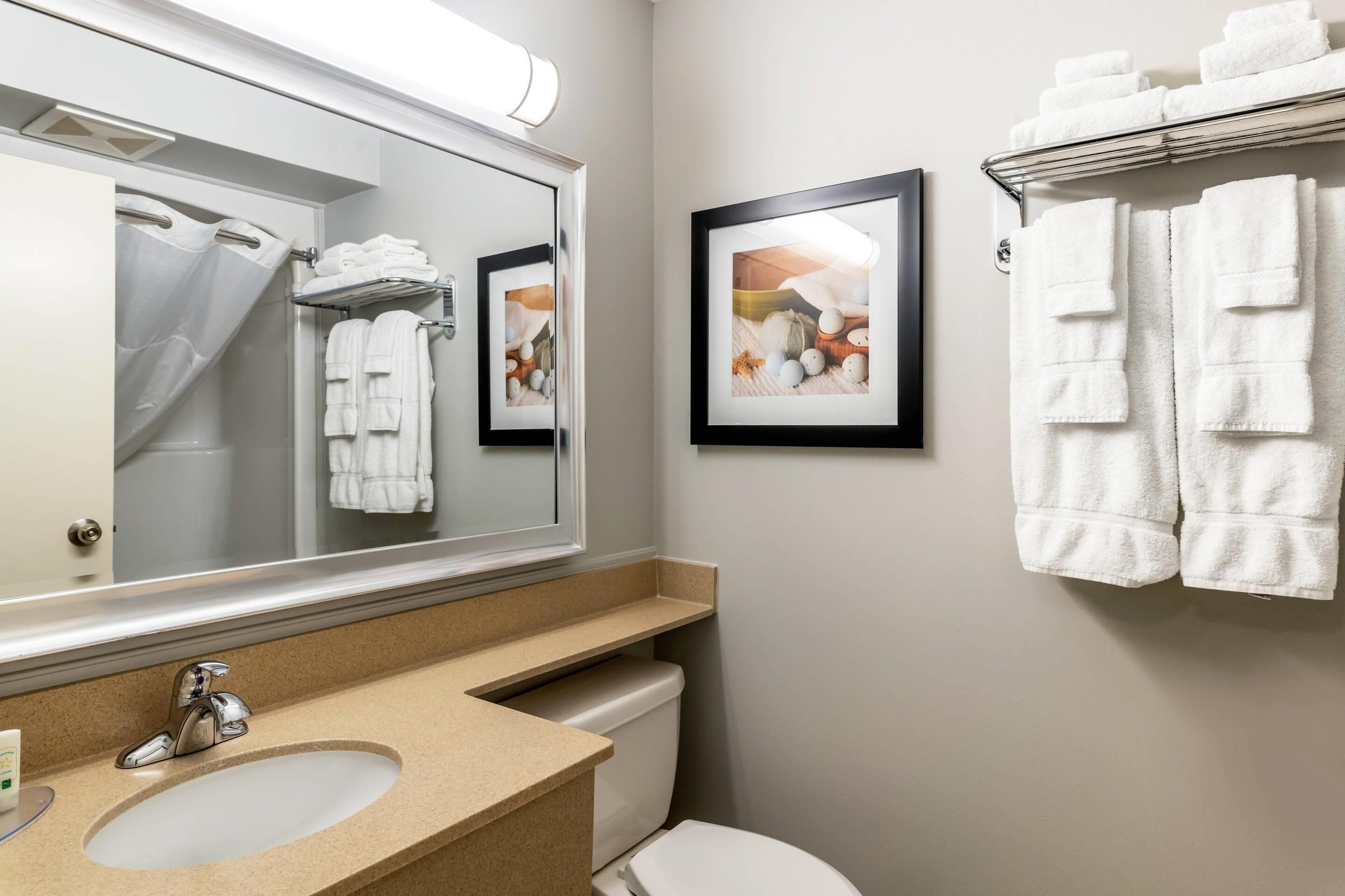 A bathroom with a sink, mirror, towel rack, and framed pictures on the wall.