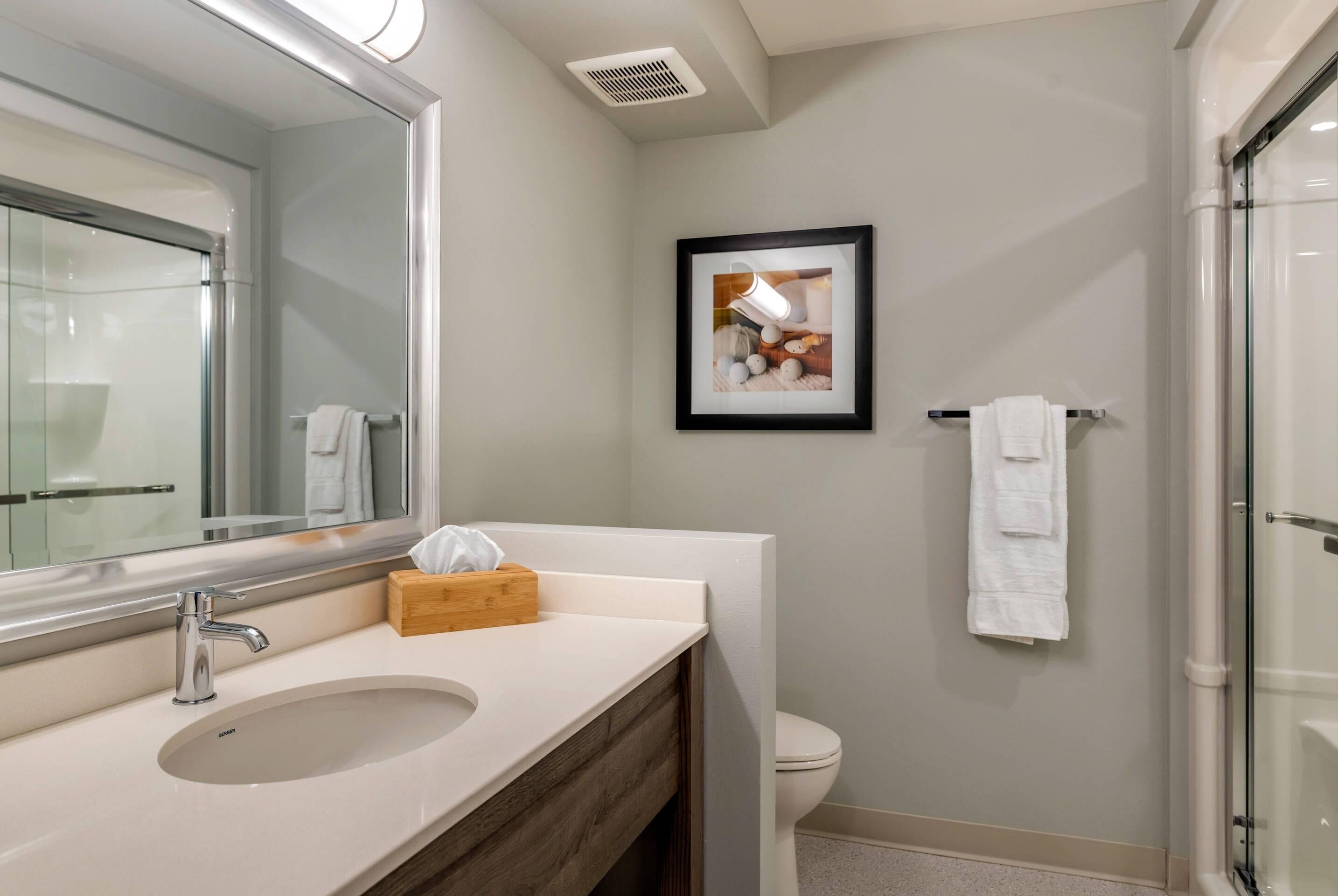 Une salle de bain moderne avec un grand miroir, un lavabo, des toilettes et une douche.
