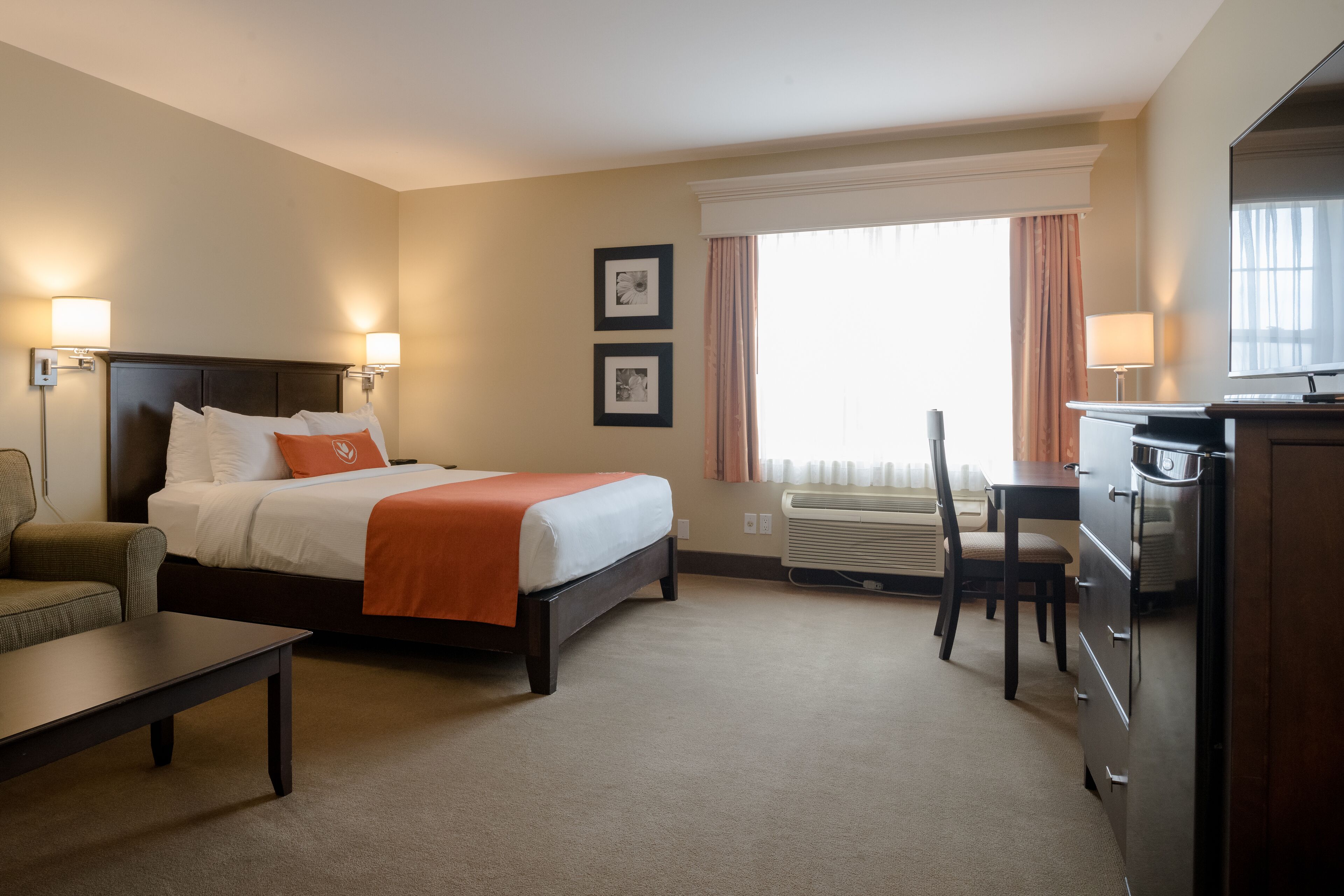 A hotel room with a bed, a desk, a chair, a dresser, and a window with curtains.
