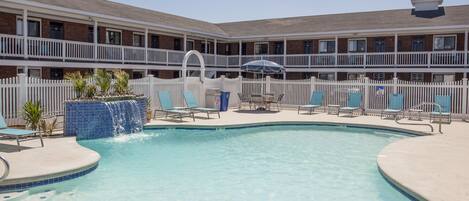 Seasonal outdoor pool, pool umbrellas, pool loungers