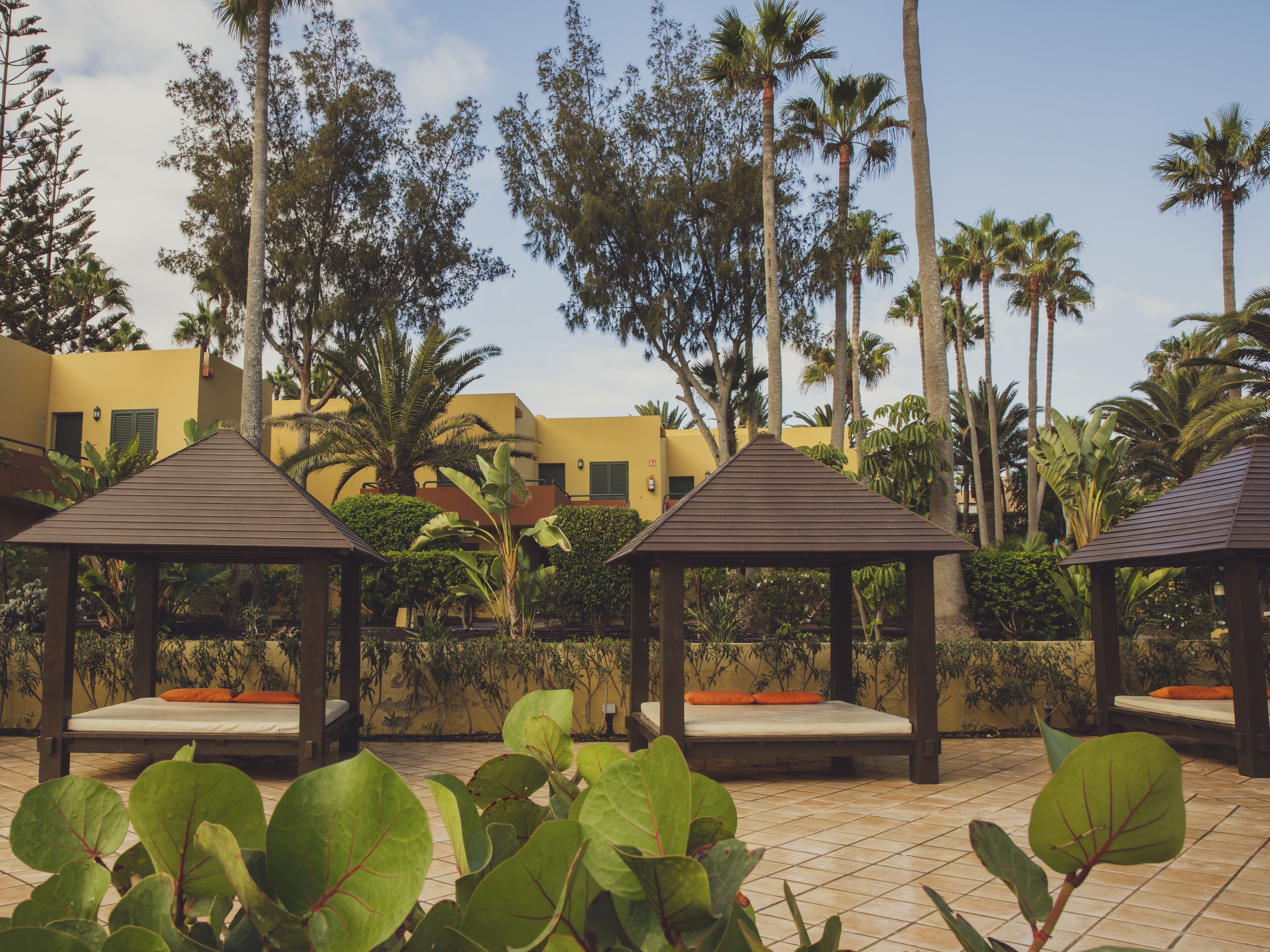 A resort with three wooden gazebos, each with a mattress and orange pillow, surrounded by lush tropical plants and palm trees.