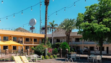Piscine extérieure, chaises longues