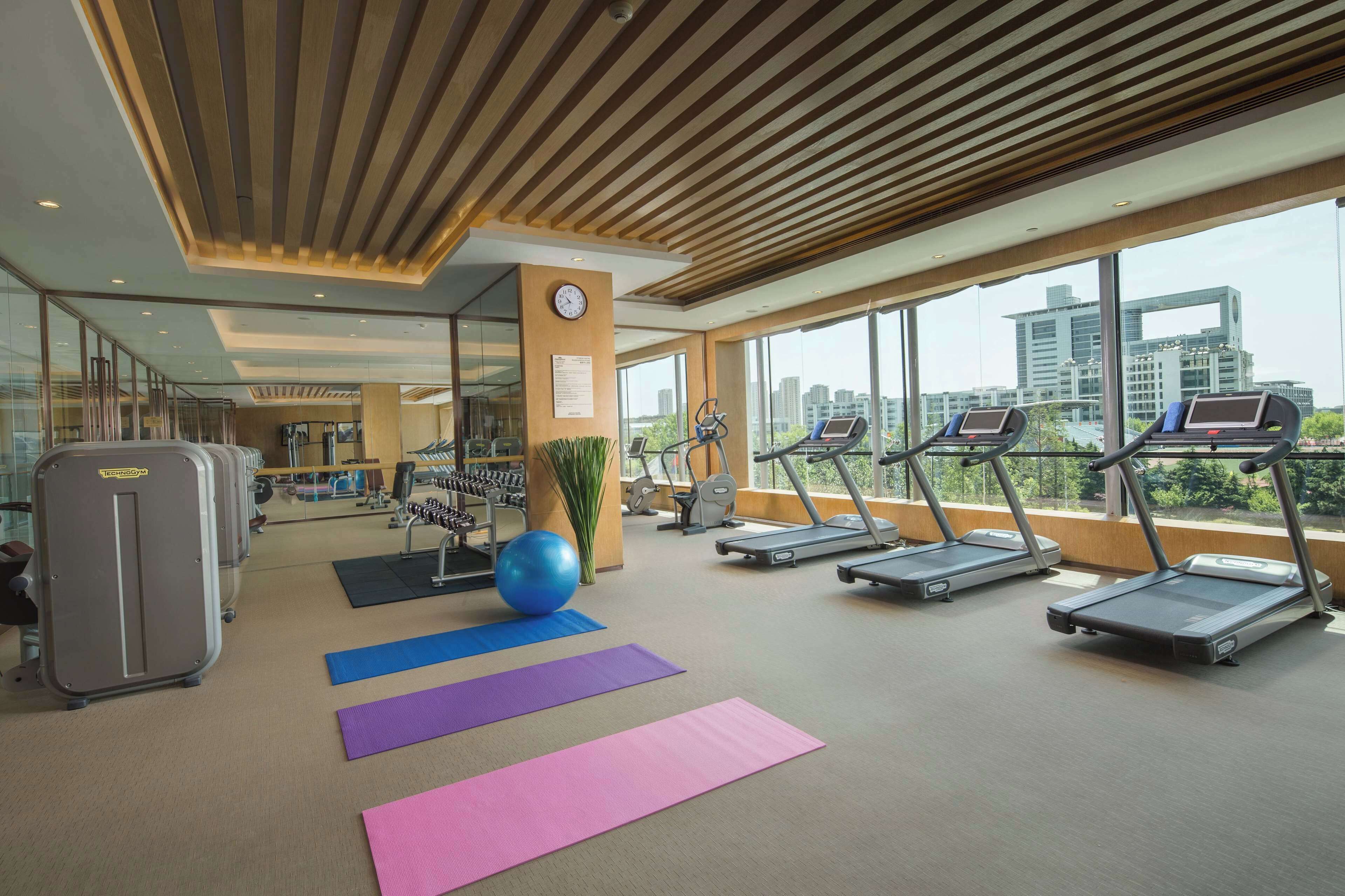 A modern gym with treadmills, exercise balls, and mats.