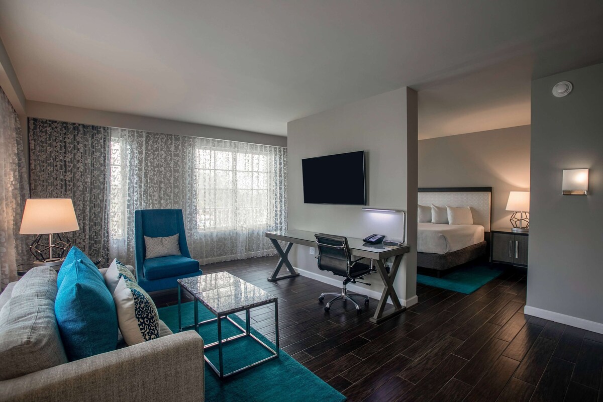 Une chambre d’hôtel équipée d’un canapé, d’un bureau, d’une chaise, d’un lit et d’une télévision.