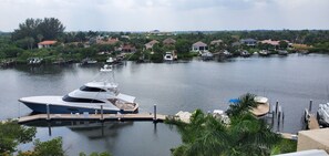 Un puerto deportivo con barcos amarrados, rodeado de casas residenciales y vegetación.