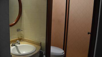 A bathroom with a sink, mirror, and toilet.
