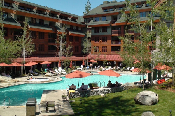 Outdoor pool, pool umbrellas, pool loungers