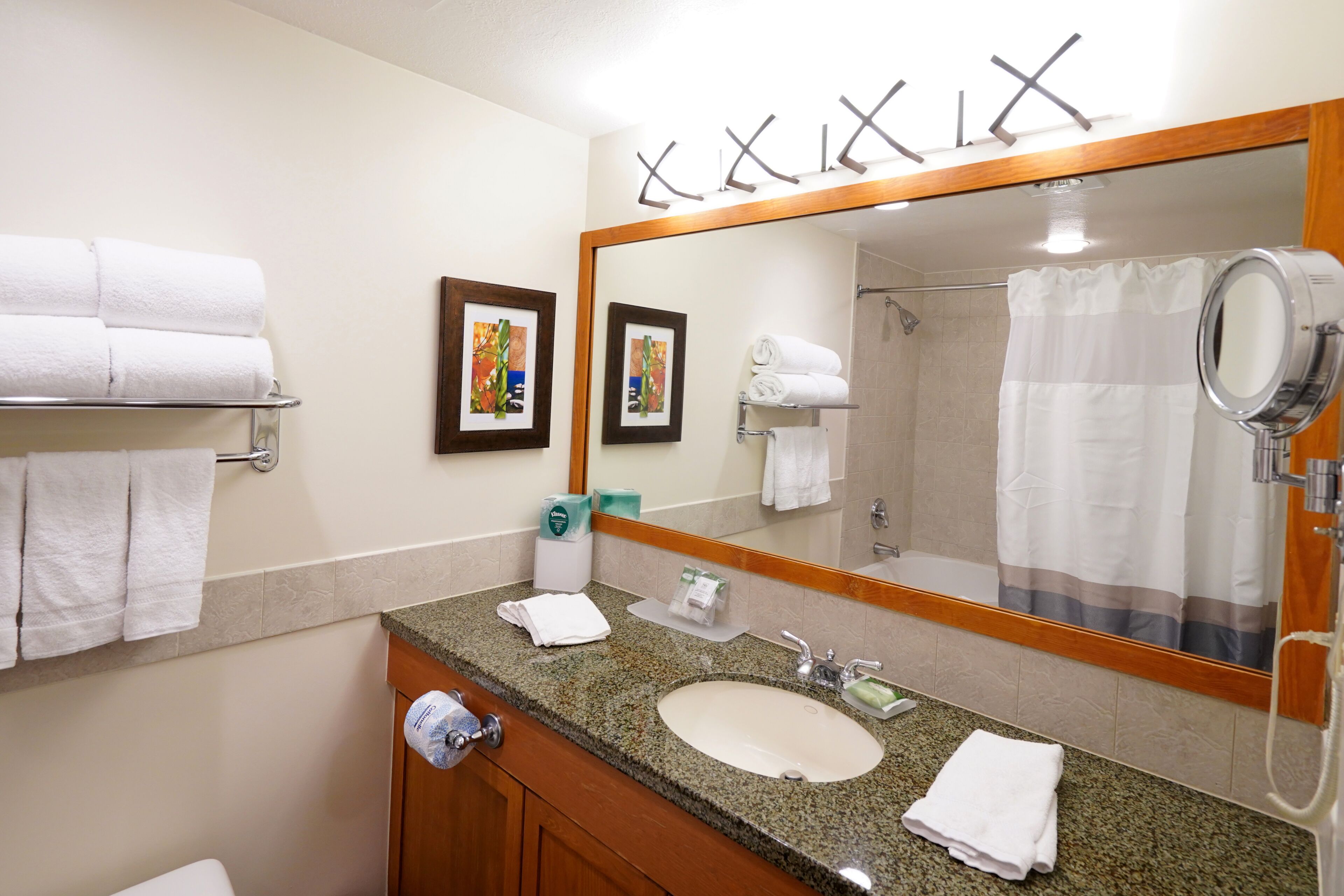 Une salle de bain avec un comptoir en granit, un lavabo, un miroir et une douche. Il y a des serviettes accrochées au mur et une étagère avec des articles de toilette.