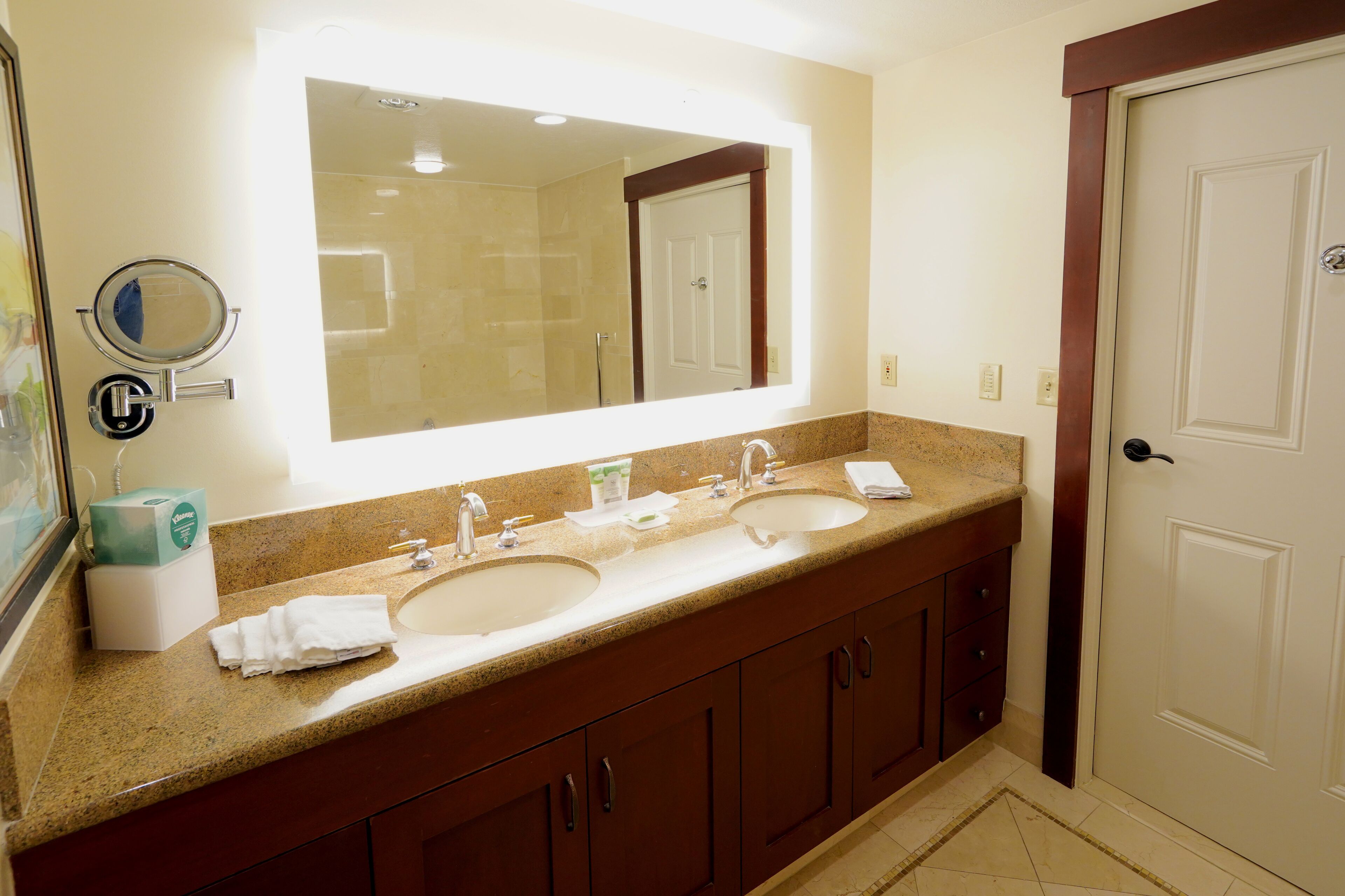 Un baño de hotel con lavamanos doble, un espejo grande y una puerta.