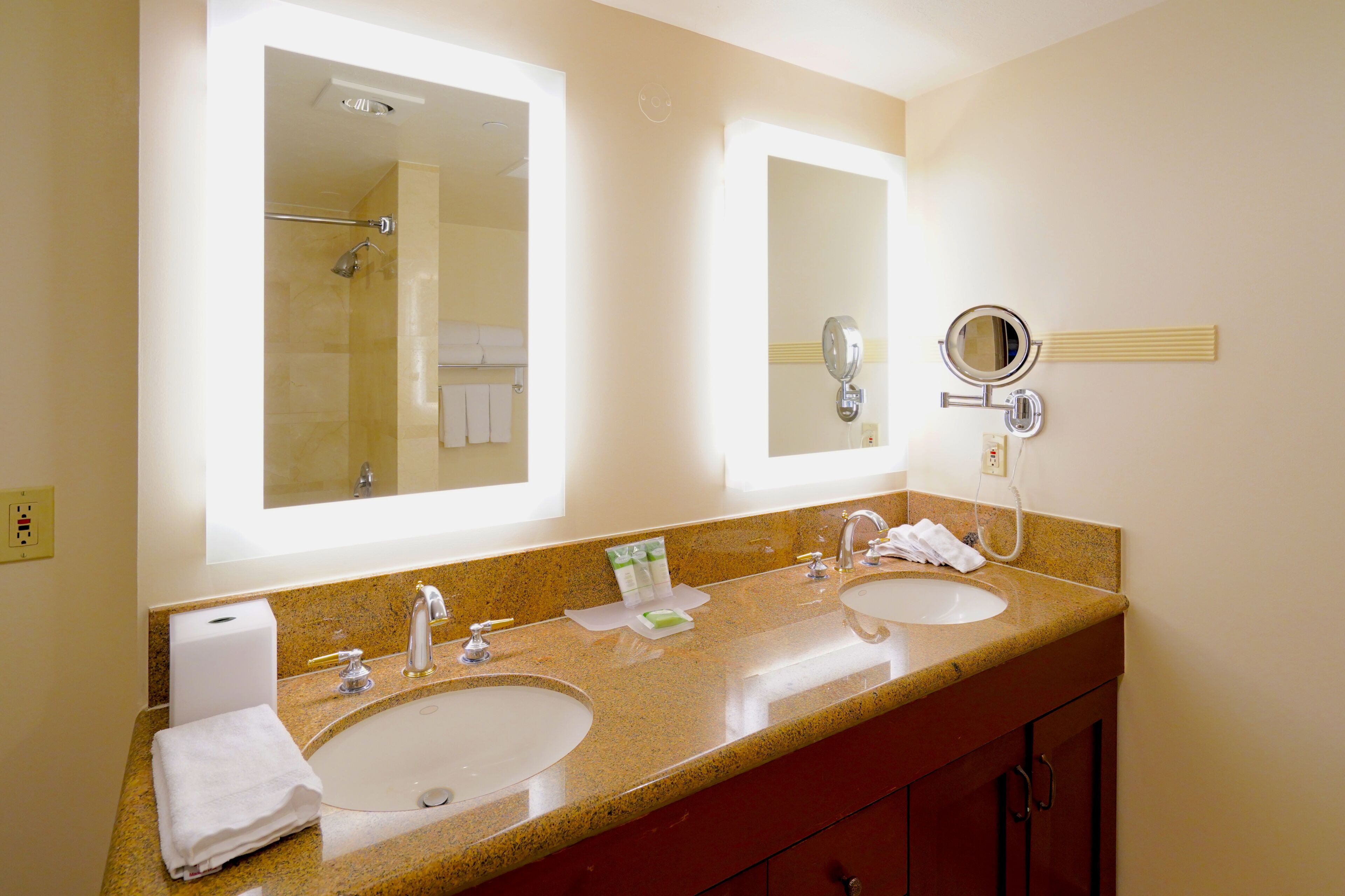 A hotel bathroom with two sinks, a large mirror, and a towel rack.