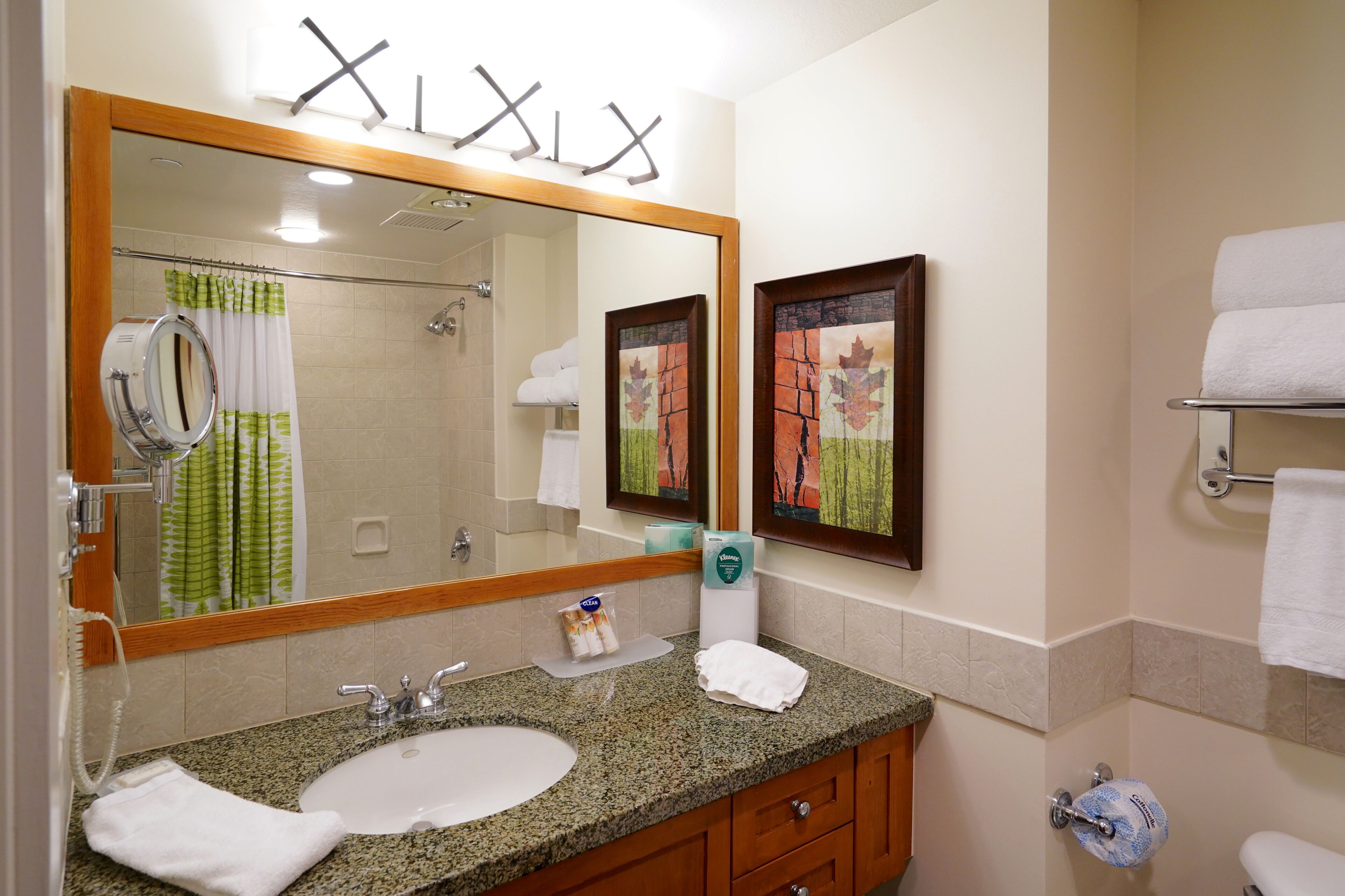 A bathroom with a granite countertop sink, a mirror, a shower, and a towel rack.