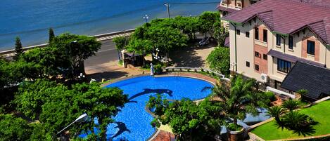 Outdoor pool, pool umbrellas, pool loungers