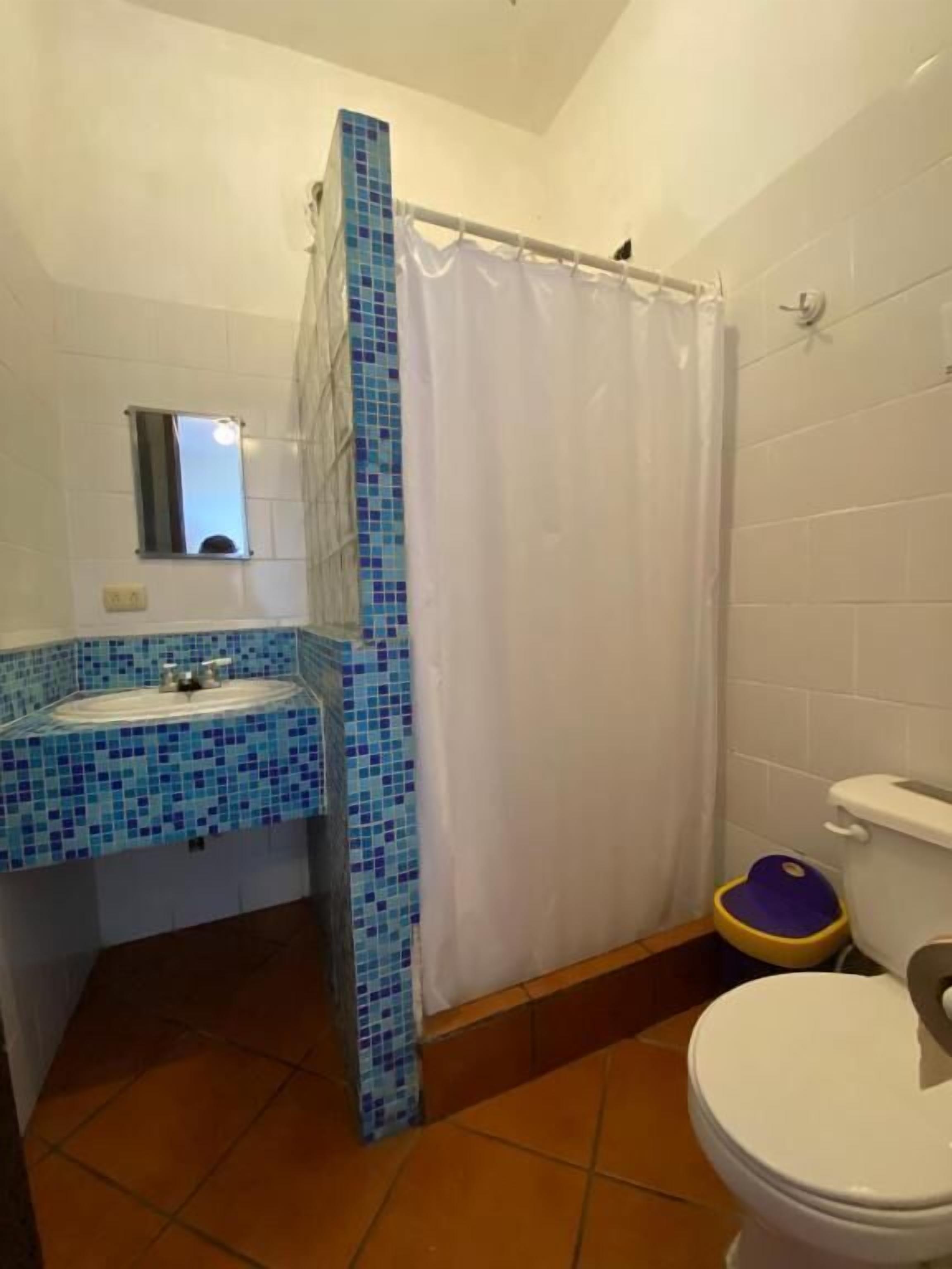 A bathroom with a tiled sink, a shower curtain, a toilet, and a small mirror.