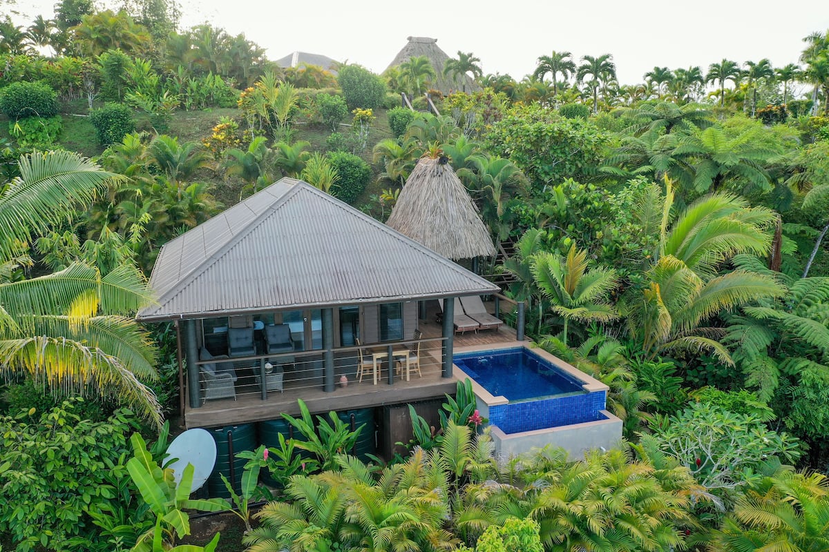 Uma casa moderna com piscina, rodeada por vegetação tropical exuberante.