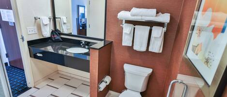 A hotel bathroom with a sink, mirror, toilet, and towel rack.