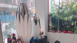 Un salon moderne doté d’une grande fenêtre, d’une console noire, d’objets décoratifs et d’une plante en pot.