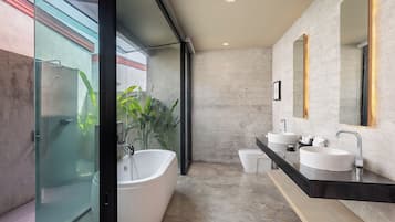 Family Three Bedroom Pool Villa | Bathroom | Separate tub and shower, deep soaking tub, rainfall showerhead