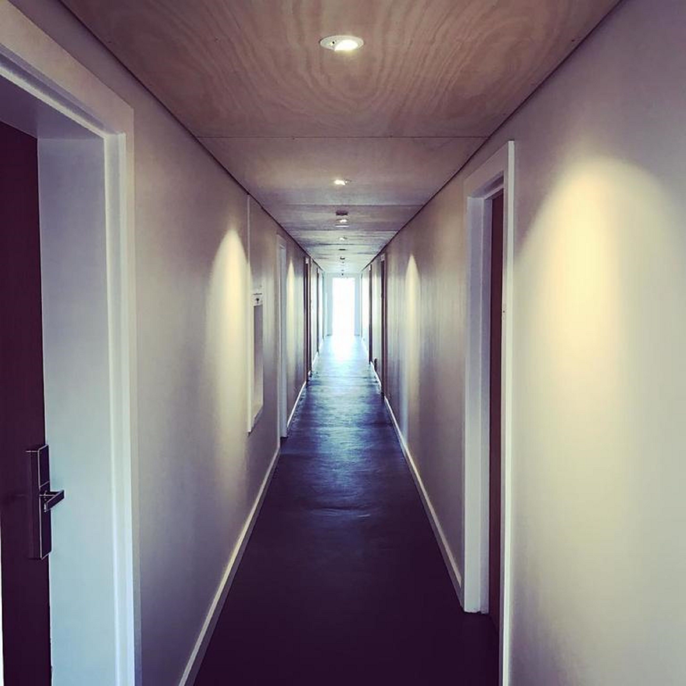 A long, narrow hallway with doors on both sides, leading to rooms.