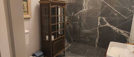 Un baño con pared de mármol, un armario, un inodoro y un lavabo.