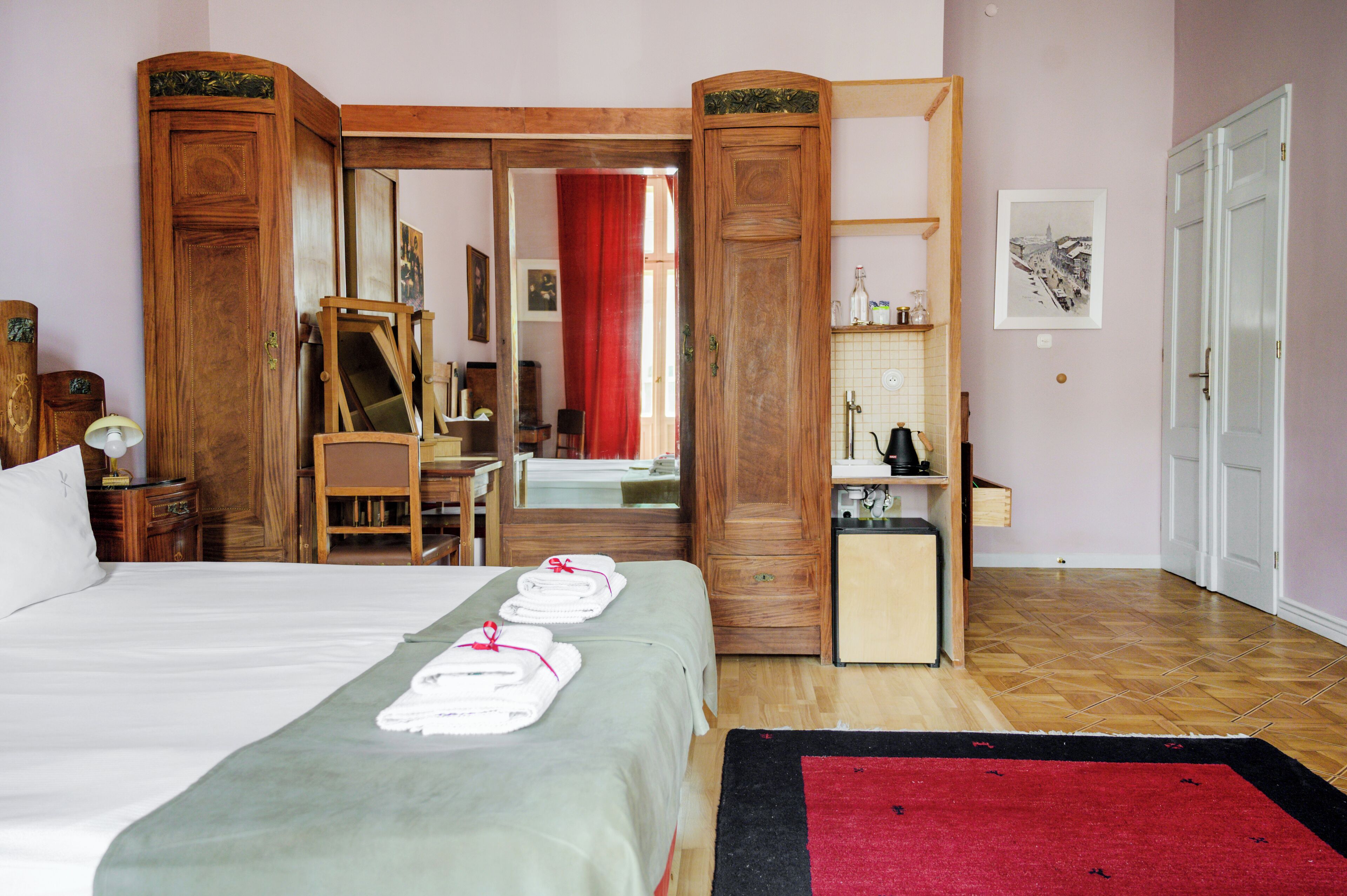 Individually decorated, individually furnished, desk, iron/ironing board