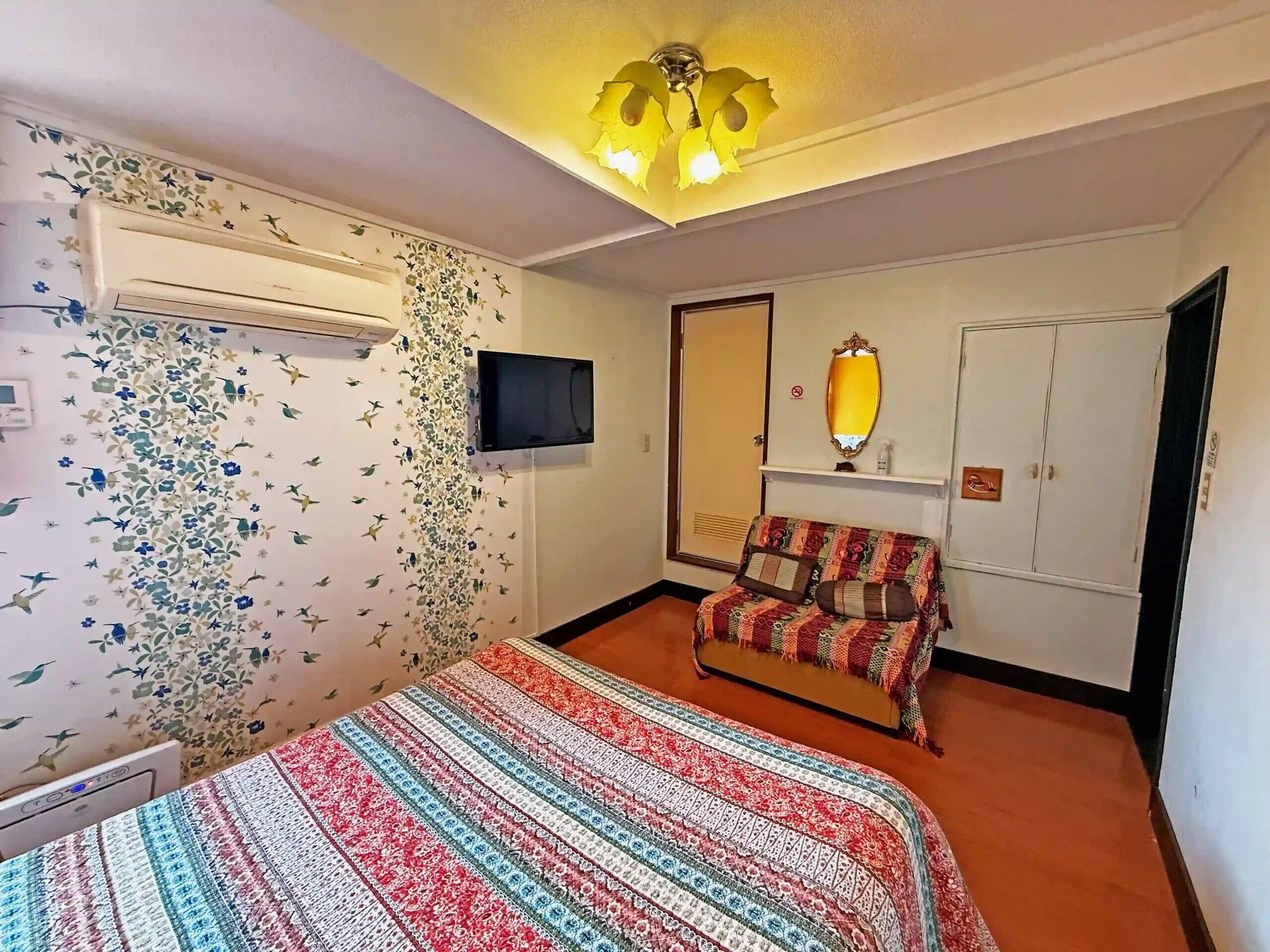 A room with a bed, a TV, a mirror, and a wardrobe.