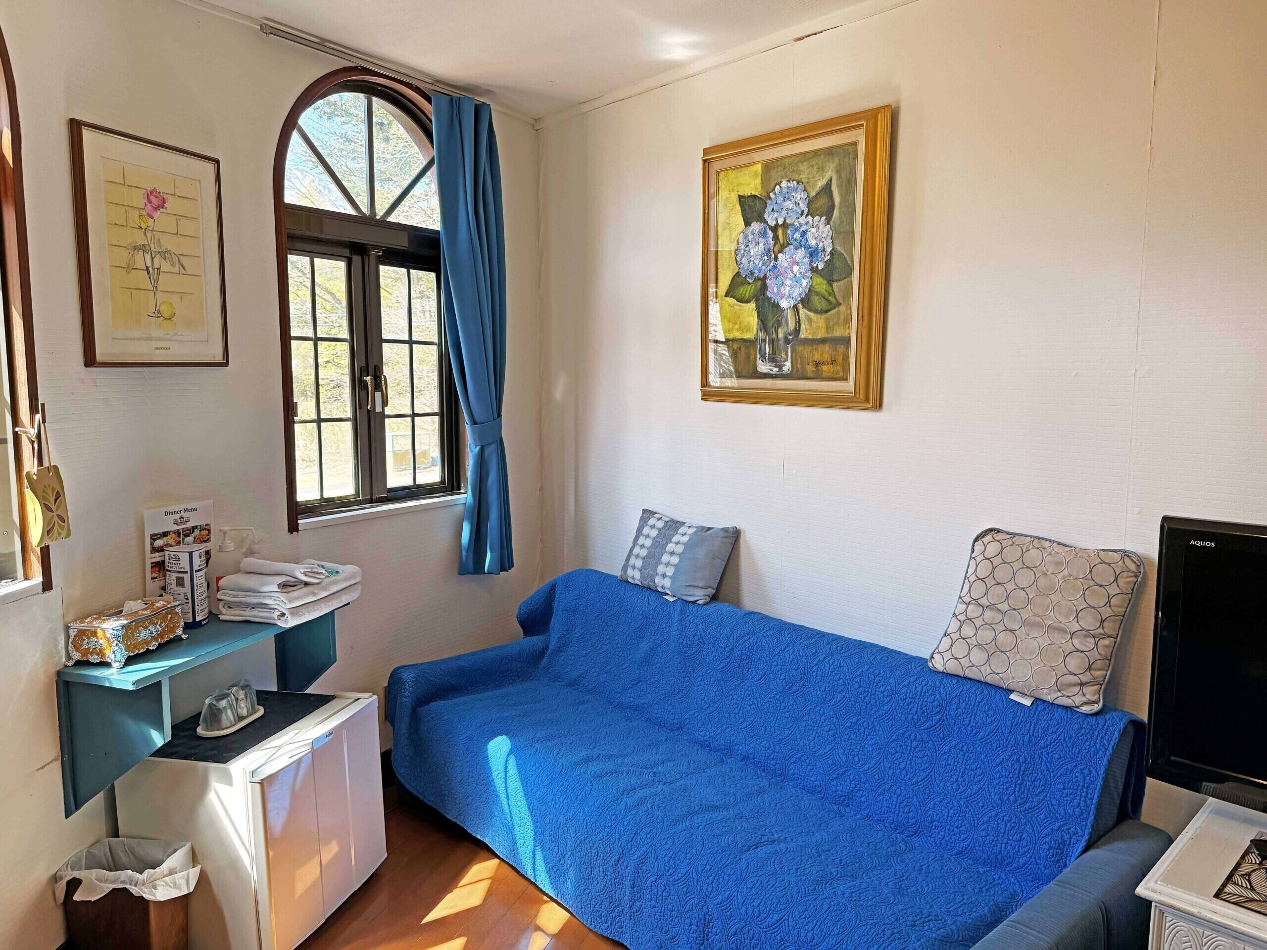 Una habitación con una cama, un escritorio, un radiador, una ventana con cortinas y un cuadro en la pared.