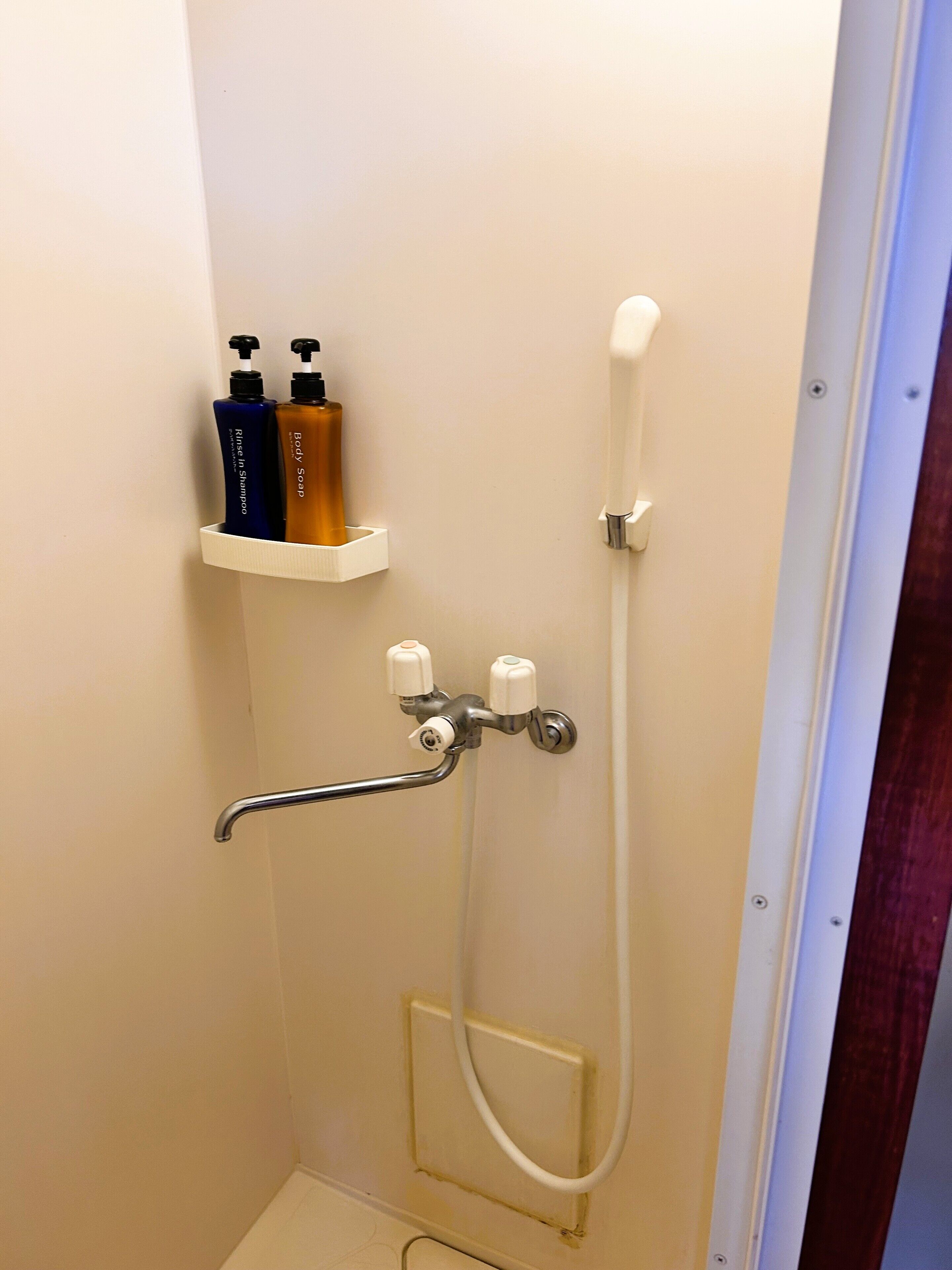 Une douche équipée d’un pommeau de douche à main, d’un distributeur de savon à main et d’un flacon de savon.