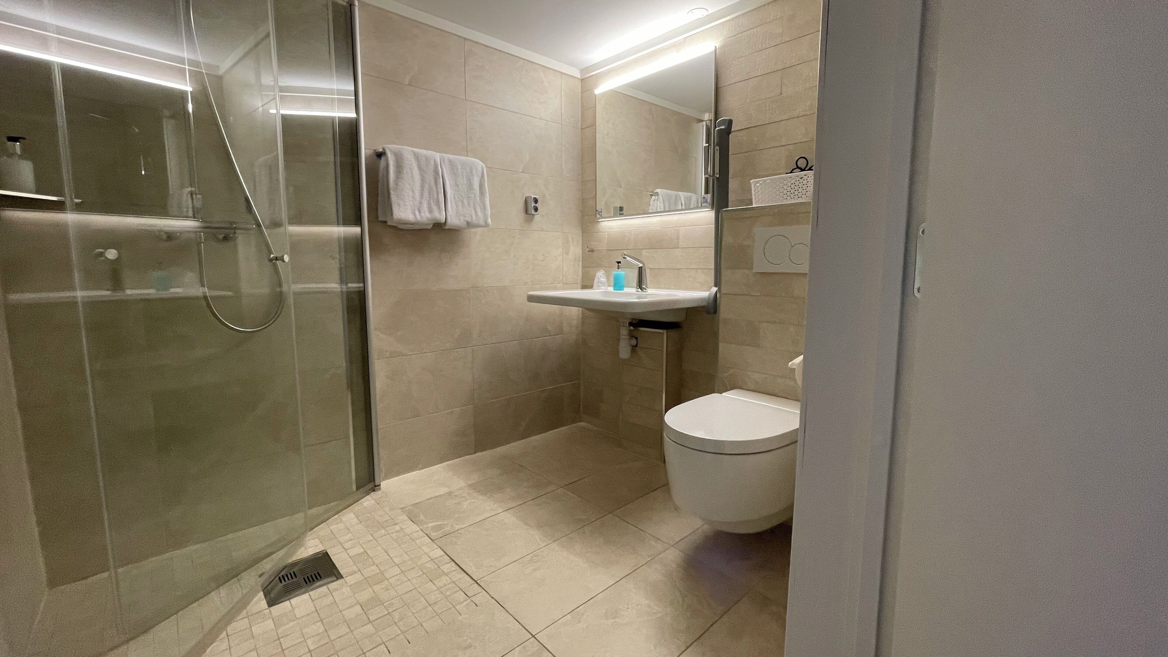 A modern bathroom with a glass-enclosed shower, a sink with a mirror above, and a toilet.