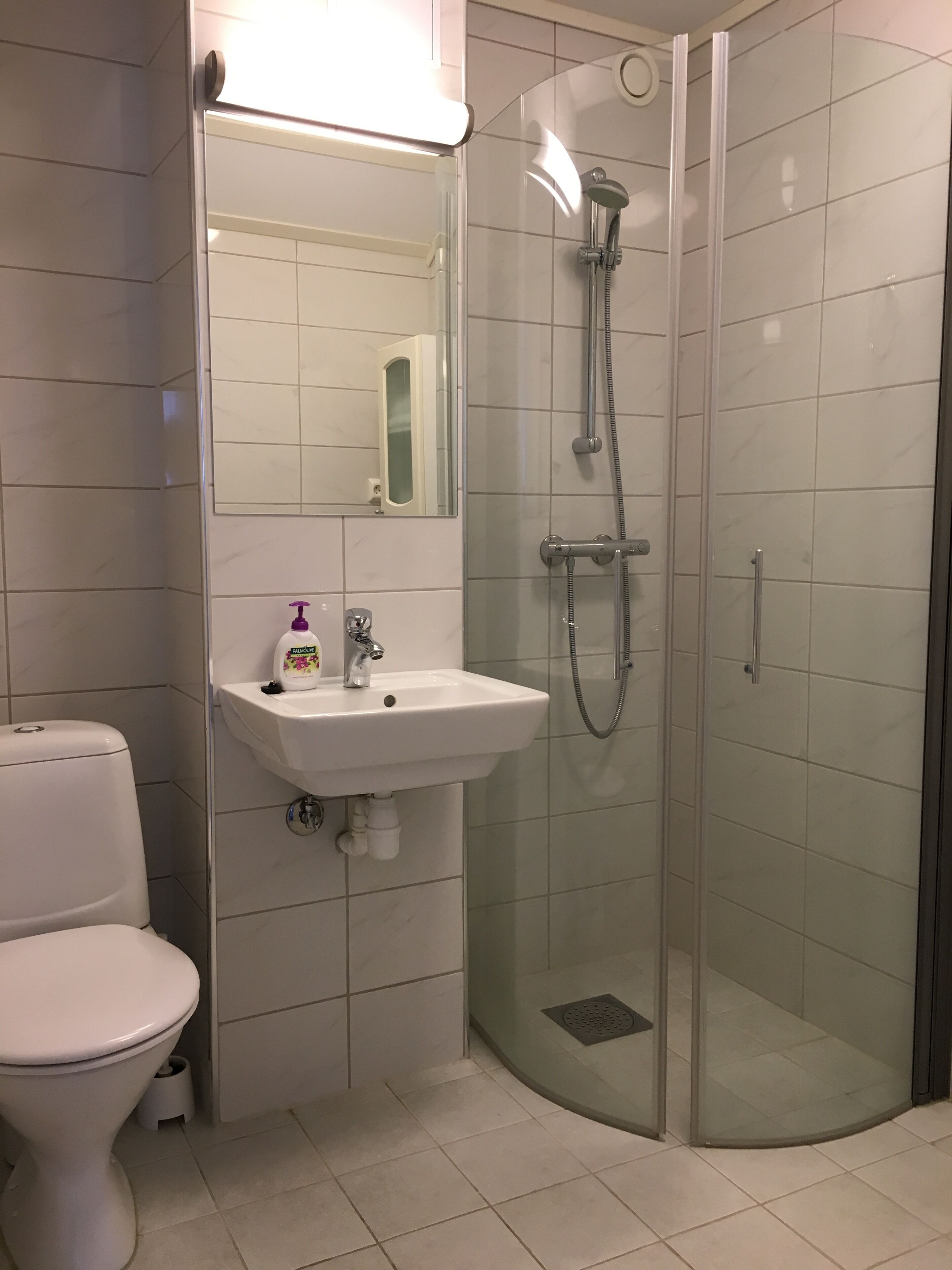 Un baño con inodoro, lavabo con espejo y cabina de ducha con mampara de vidrio.