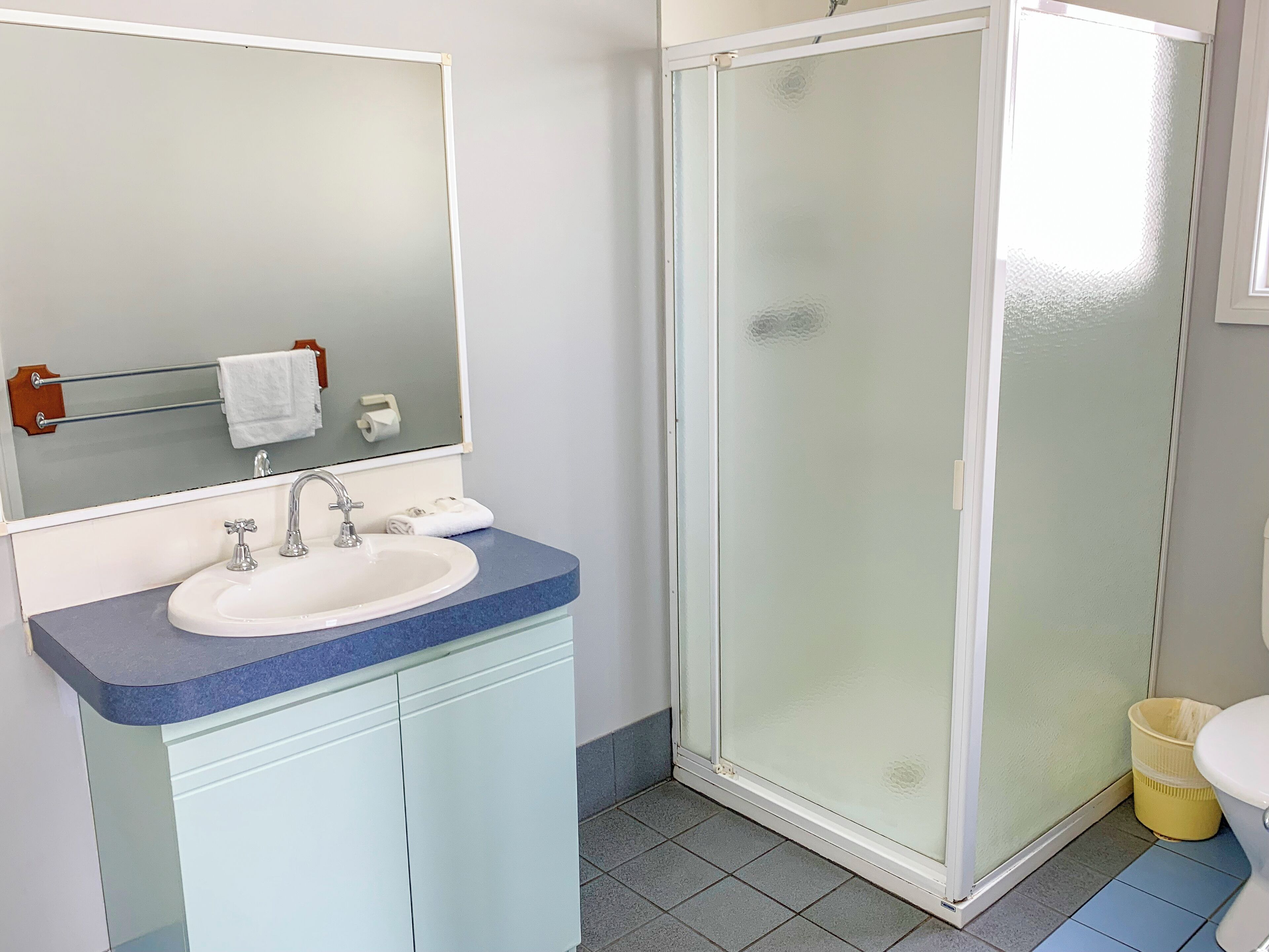 A bathroom with a white sink, a mirror, a glass shower enclosure, and a toilet.