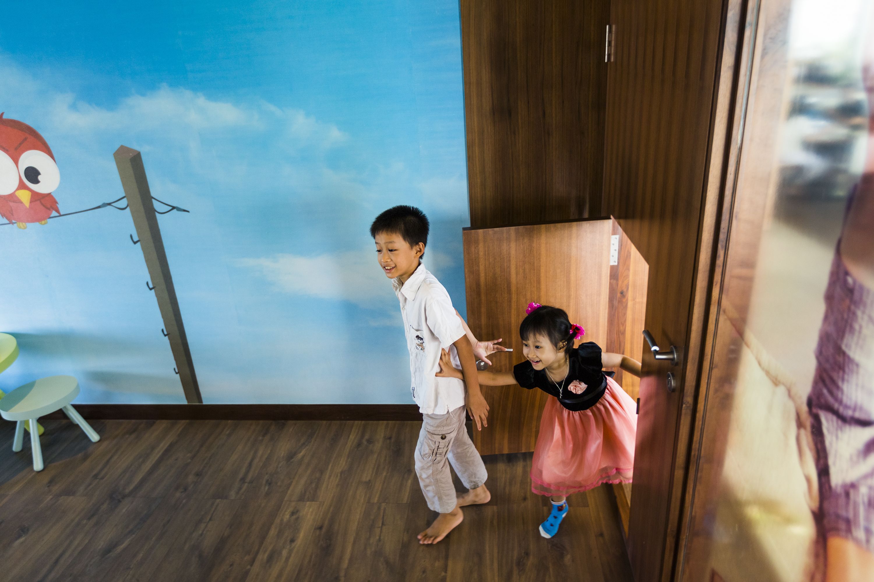 A room with a wooden floor, a wooden wardrobe, and a wall mural of a bird on a wire.