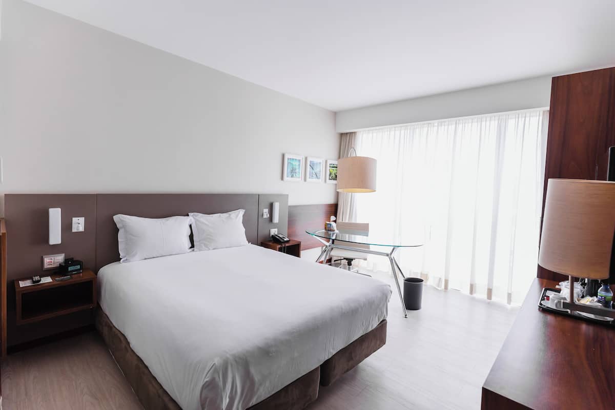 A hotel room with a large bed, bedside tables, a desk with a lamp, and a view of the outdoors through the window.