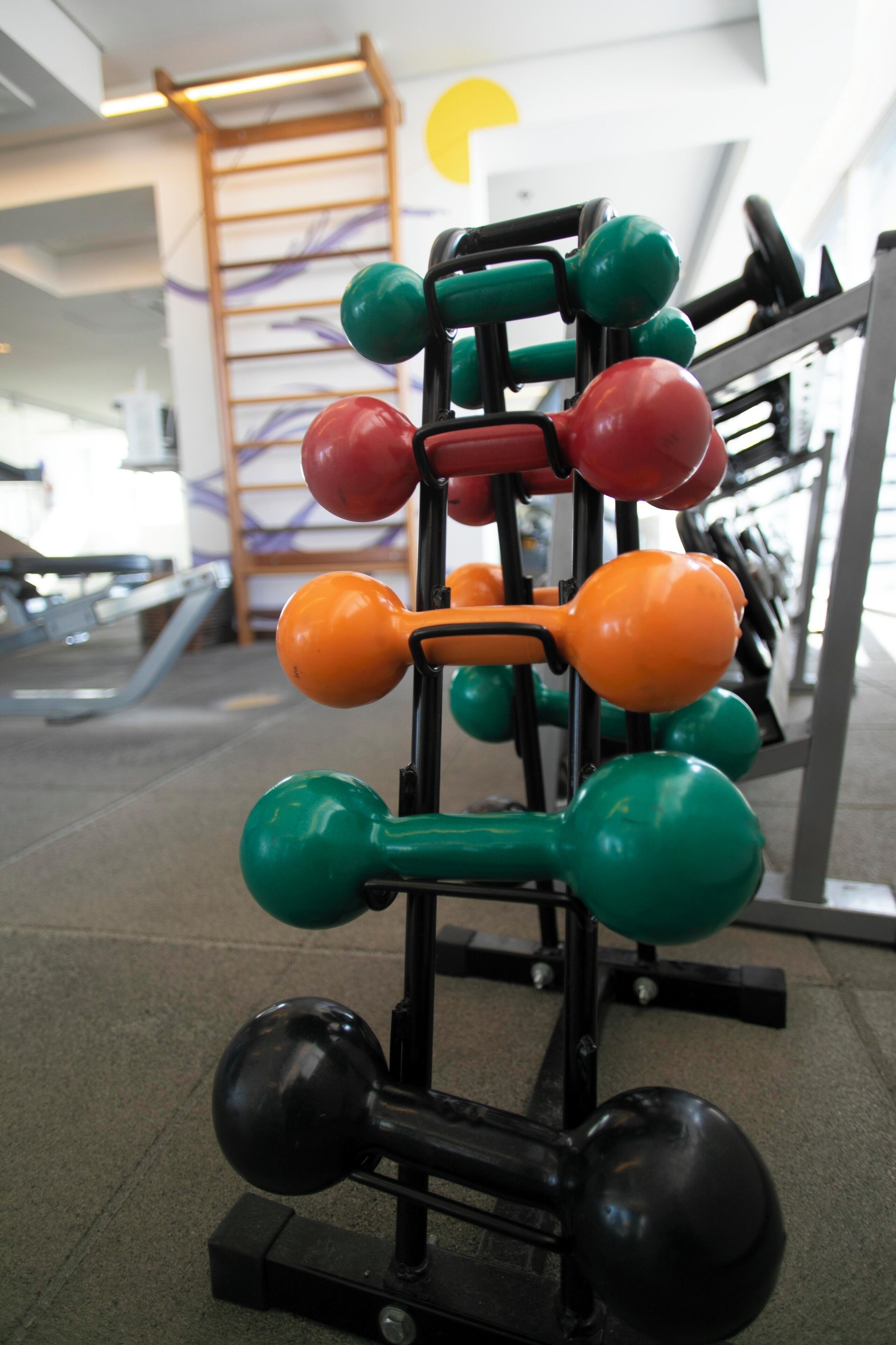 A weightlifting rack with various colored dumbbells.