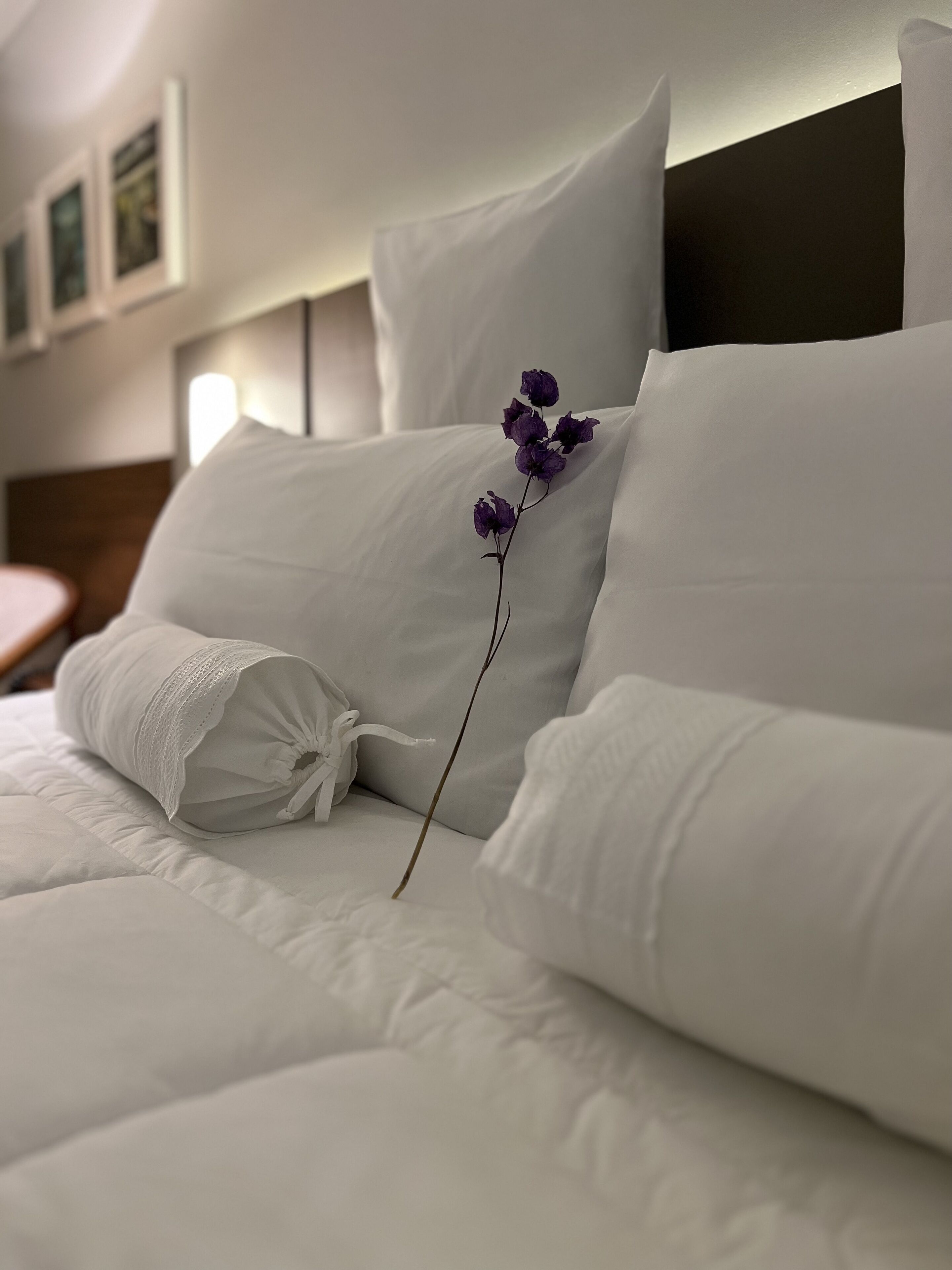 A neatly made bed with white linens and a single purple flower.