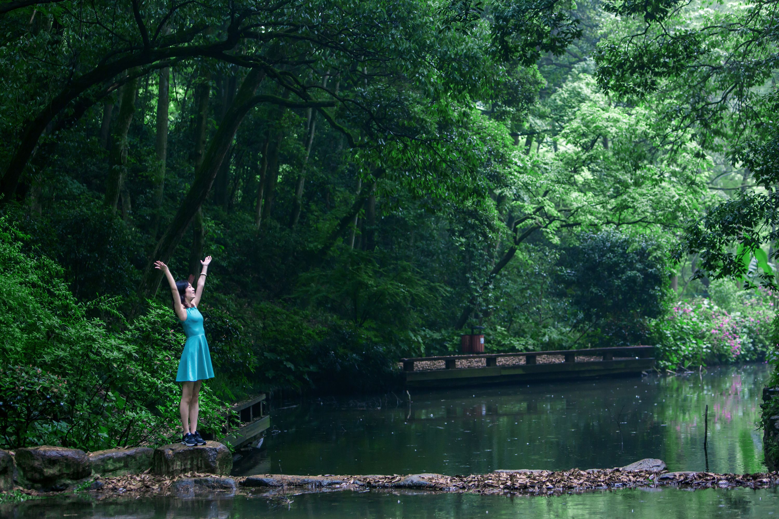 A person standing on a rock by a calm river surrounded by dense greenery.