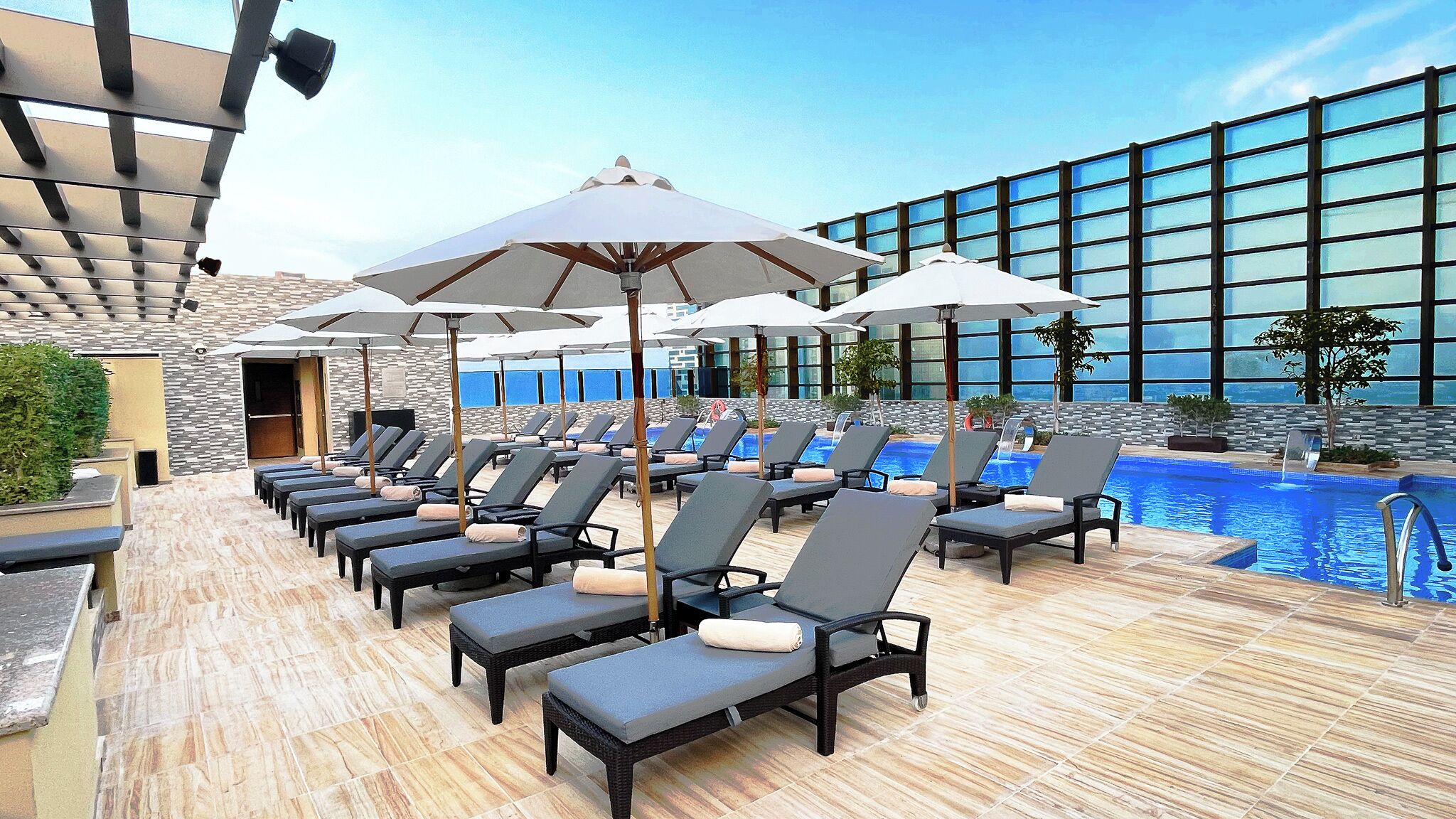 Indoor pool, outdoor pool, pool loungers