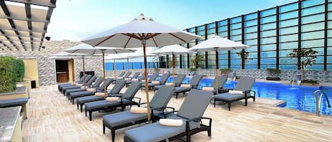 Indoor pool, outdoor pool, sun loungers