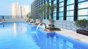 Indoor pool, outdoor pool, pool loungers