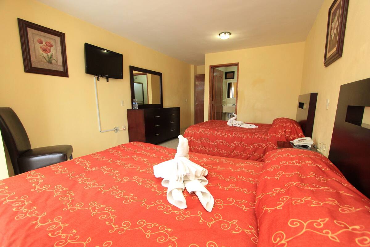 Habitación de hotel con dos camas, un televisor, un tocador y un espejo.