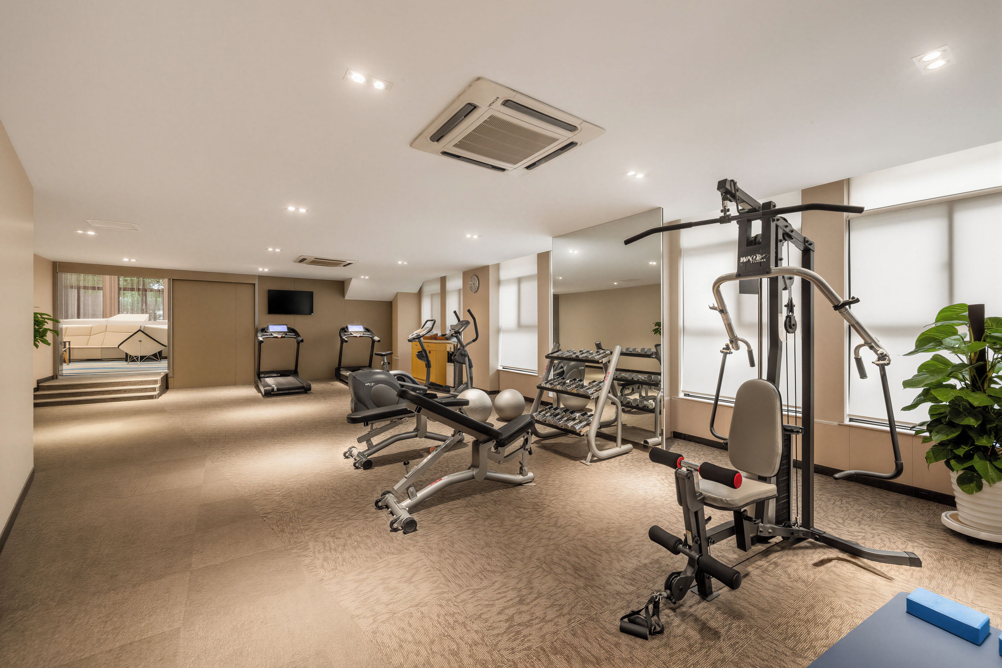 Ein gut ausgestattetes Fitnessstudio mit Laufbändern, Kraftgeräten und verschiedenen Trainingsmöglichkeiten.