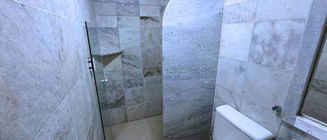 A bathroom with a glass shower enclosure, a toilet, and a small shelf.